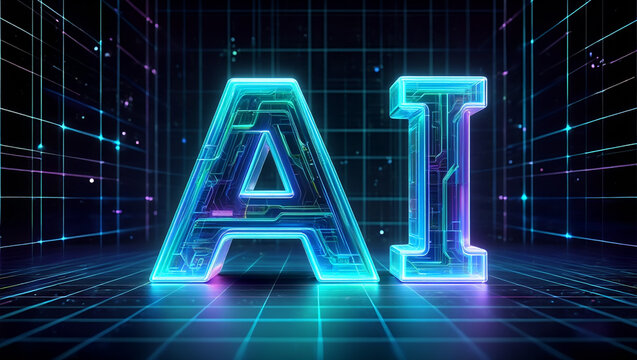 Harness the power of AI with this futuristic illustration featuring glowing letters on a digital circuit board.