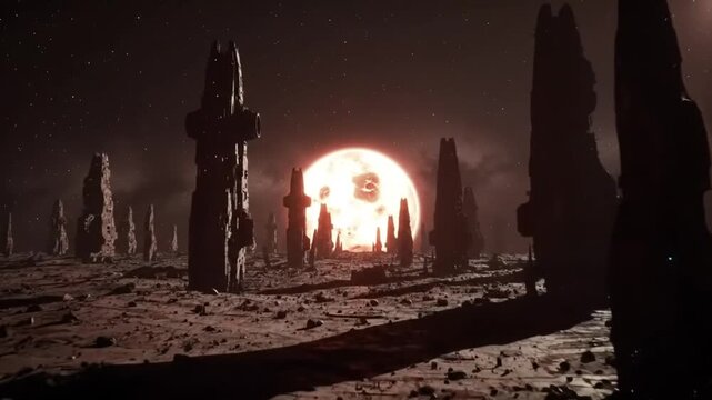 A dramatic alien landscape with towering monoliths under a colossal, glowing red moon, evoking a mysterious and otherworldly atmosphere.