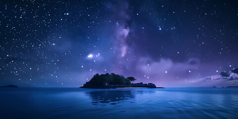 Serene tropical island beneath a breathtaking starry night sky over calm ocean waters