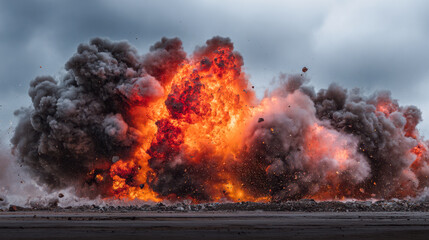 Fototapeta premium Intense fiery explosion with thick black smoke clouds erupting on a barren landscape under a dramatic cloudy sky during a powerful blast event