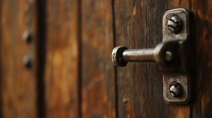 Fototapeta premium Rustic Charm: Aged wood door with a metal handle, evoking a sense of history and timelessness. Perfect for adding character to your project.