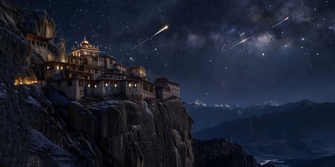 Ancient monastery perched on a dramatic cliff face under a starry night sky with meteor showers.