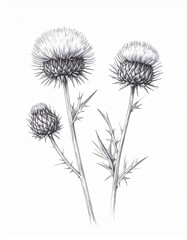 Obraz premium Monochrome Thistle Flowers with Prickly Stems and Heads in White Background Isolated