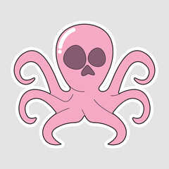 Spooky Skull Octopus Sticker. A cute and eerie vector illustration of a pink octopus with a spooky skull face, perfect for Halloween, kids' crafts, and festive designs