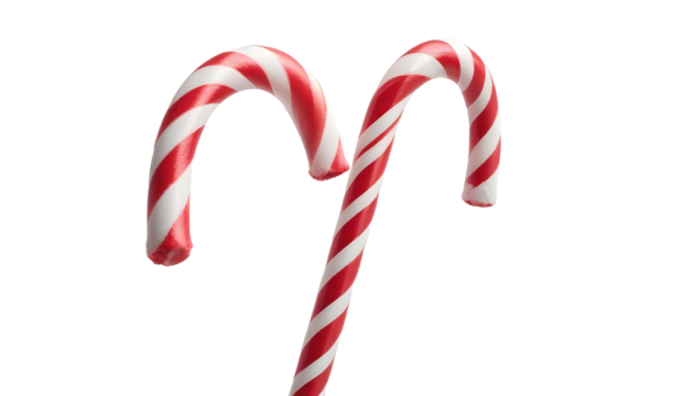 Two classic red and white candy canes on a transparent backdrop, highlighting its festive association with winter and Christmas