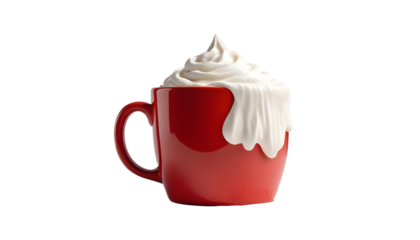 A bright red cup with whipped cream, featuring a cheerful Christmas and winter scene in the background