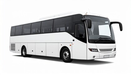 Sleek white passenger bus with tinted windows and streamlined design, parked on pavement with visible storage compartments and mirrors, ideal for long-distance travel or tour transport.