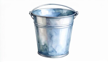 Watercolor Illustration of Silver Metal Bucket with Blue Tones on White Background