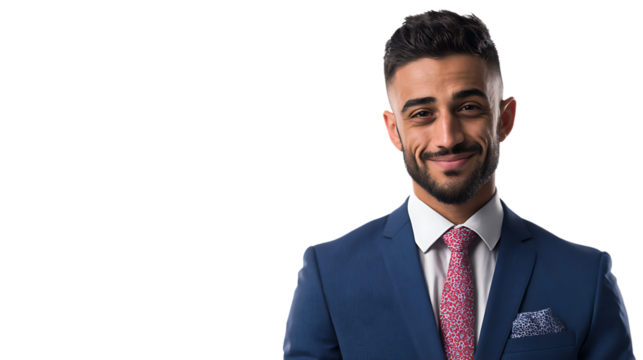 Man in blue suit and tie smiling isolated on transparent background