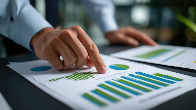 Business report data analysis with charts and graphs showing financial statistics document office environment hand pointing graph and finger paper for professional meeting and strategy planning