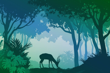 Antelope in tropical forest, landscape, vector illustration, blue and green tones