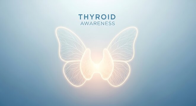 Thyroid awareness concept with glowing butterfly shape on blue background for health campaigns and education