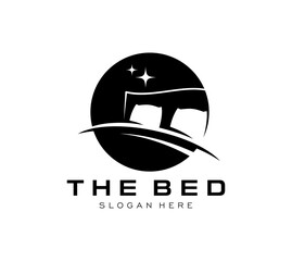 Bed furniture icon with pillows and blanket silhouette with stars in the night sky, vector symbol. Bedroom furniture store icon for bed and mattress salon or interior design and hotel or hostel badge