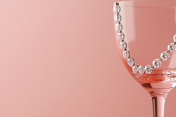 Elegant jewelry adorns a delicate glass, set against a soft pink backdrop for a touch of luxury and sophistication. Simple yet captivating.