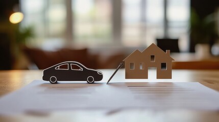 Divorce papers with a house and car icon split down the middle, on blurred background