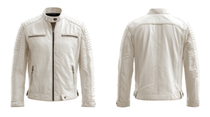 Cream-colored leather motorcycle jacket, front and back views