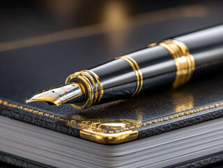 Close-up of a black and gold fountain pen resting on a leather-bound book with gold accents, highlighting elegance and luxury in writing accessories