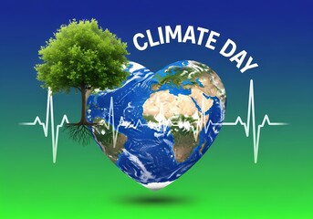 Climate day celebration: heart-shaped earth with tree and heartbeat symbolizing environmental awareness and sustainability