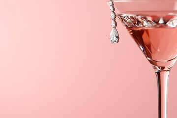 Crystal glassware detail. An elegant glass features a trim of glittering gems on a gentle rose background.