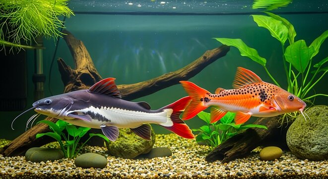 Exotic Redtail Catfish and Spotted Synodontis in a Planted Aquarium.