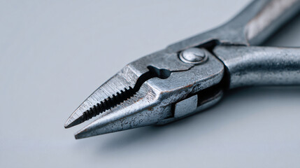 Close-up of a metallic needle-nose pliers with serrated jaws on a light background, highlighting its texture and form.