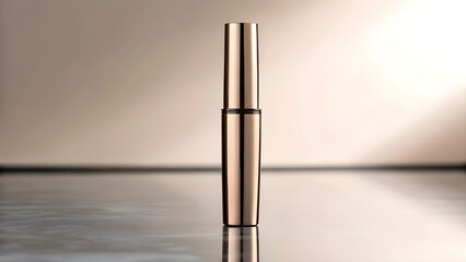 Close-Up of Sleek Minimalist Blank Mascara Tube Standing Upright on Shiny Reflective Surface with Soft Studio Lighting for Luxury Beauty Branding, Makeup Packaging, and Cosmetic Mockup Design  