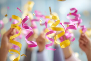 hands holding colourful ribbons for celebration
