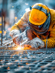 Skilled welder performing metal fabrication with sparks and safety gear