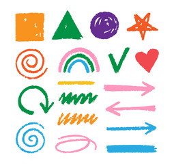 Pastel crayon chalk doodle elements on white background