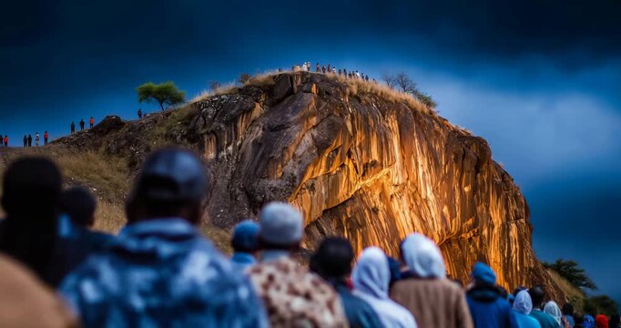 Crowd gathered near hilltop under darkened stormy sky, hostile scene