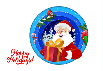 Obraz premium Christmas paper cut banner with Santa Claus and holiday gift box, cartoon vector. Christmas and New Year greeting card with Santa holding giftbox, bullfinch on fir tree in paper cut winter forest