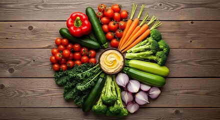 Colorful Vegetable Platter with Hummus Dip on Rustic Wooden Table.