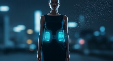 Editorial fashion: model in pollution absorption smart fabric dress with glowing vents in a clean future cityscape.
