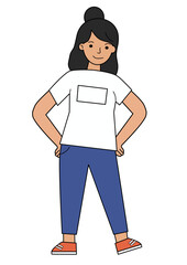 A woman standing with hands on hips, smiling confidently. Minimalist illustration of a female character for empowerment and strong concepts.