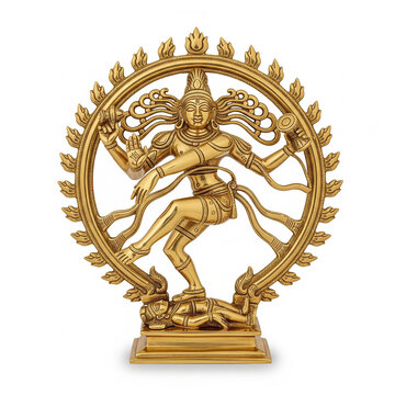 temple style golden lord nataraj idol isolated on white background
