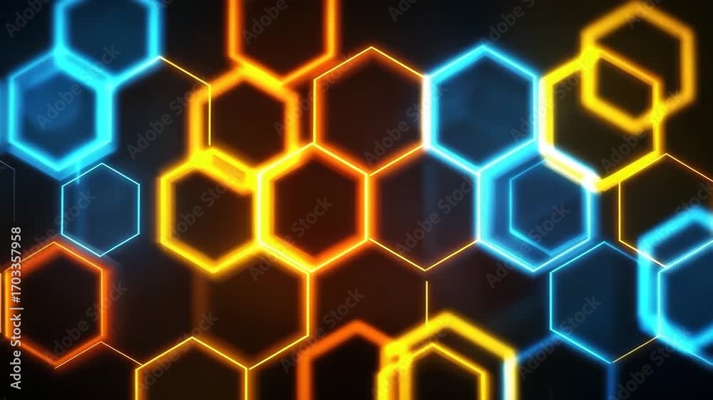 Wall mural glowing hexagon shape glowing blue and orange create vibrant abstract futuristic pattern dynamic bac