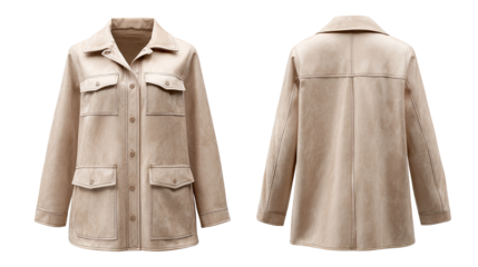 Beige suede jacket, front and back views, with classic collar and patch pockets