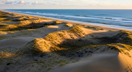Obraz premium Golden Hour Light Bathes Rolling Sand Dunes Along a Serene Ocean Coastline.