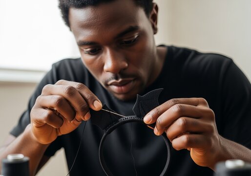 African American man sewing bat ears on headband for Halloween costume