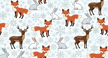 Obraz premium Charming winter forest scene featuring a repeating pattern of adorable foxes, stags, and hares among snowflakes