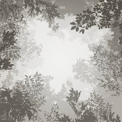 Vector background with branches of various trees and bushes. You can place your text in the center. Grey tones