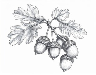 Detailed Monochrome Drawing of Oak Branch with Acorns and Leaves Isolated on White