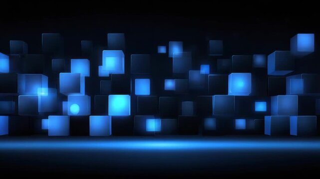 Blue glowing cube digital energy in dark abstract space with futuristic light reflections creating dynamic technology background full of depth and dimension