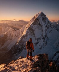 Adventurer gazing at majestic mountain peak during sunset, surrounded by breathtaking alpine landscape