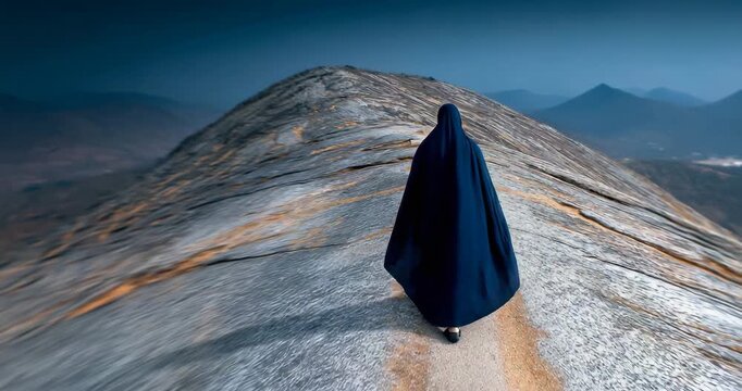 Lone disciple lingering at hill under pale morning light
