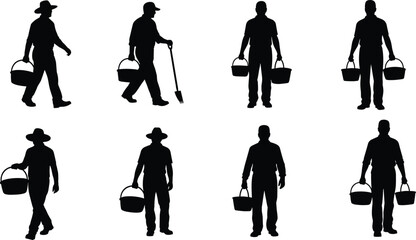 Farmer silhouette carrying baskets, agricultural worker walking, harvesting produce, rural lifestyle illustration, farm labor man, black isolated figure.