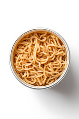 Overhead shot of noodles in a metal container, isolated on white. Close-up captures the texture and color of the cooked noodles.