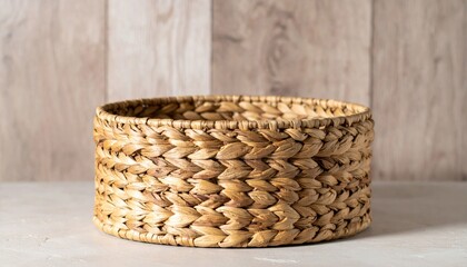 Woven Wicker Basket on Beige Surface with Rustic Wood Background in Studio Lighting