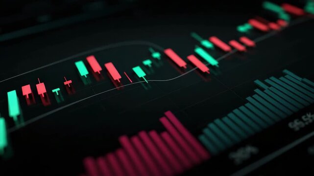 Digital stock market chart featuring red and green candlestick and bar graphs displaying financial data trends and analysis with dynamic market trend insights and economic indicators for investment - Powered by Adobe
