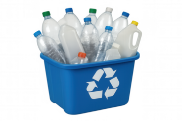 Blue recycling bin gathering plastic bottles, highlighting eco-friendly practices and sustainable waste disposal efforts